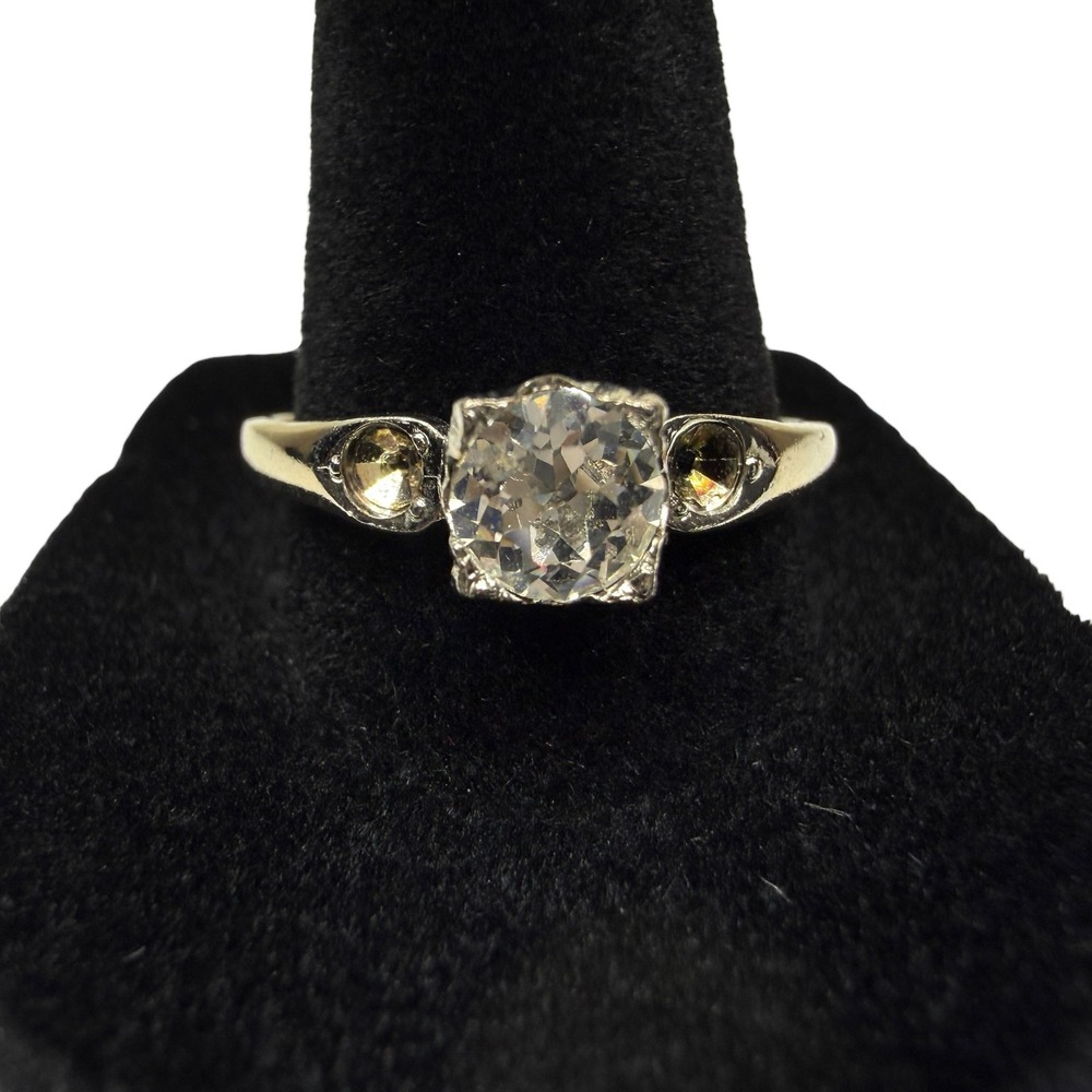Vtg Style 18KT Electroplate Solitaire Ring Old Cut Style Clear Stone Sz 9.5